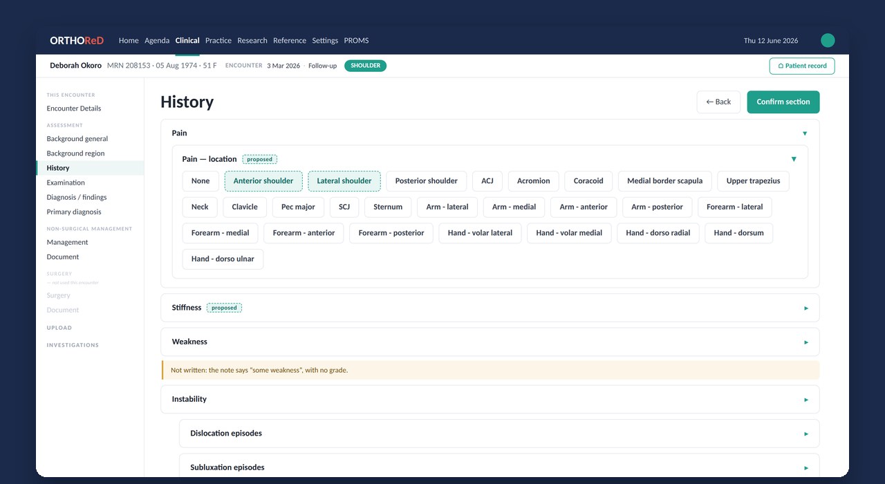 ORTHOReD History screen with proposed entries waiting for the surgeon to confirm