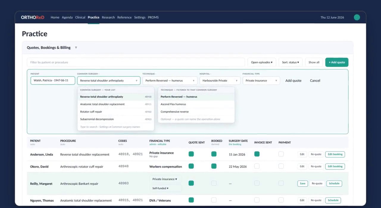 ORTHOReD Practice screen showing quotes, bookings and billing