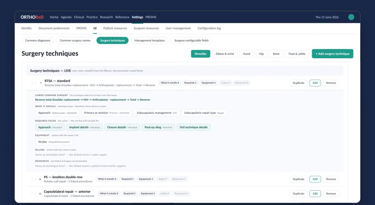 ORTHOReD Settings screen listing a surgeon’s surgery techniques